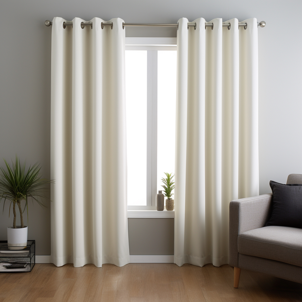 White eyelet grommet style drapes hanging in front of a window in a home.