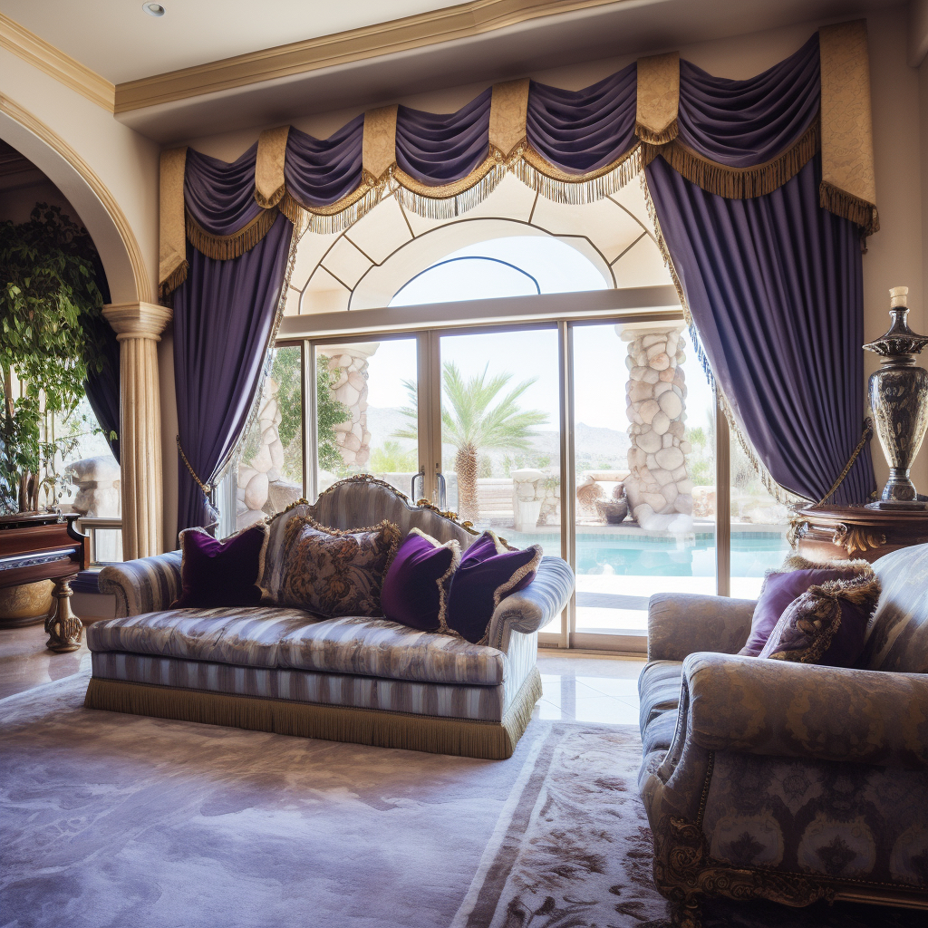 A purple pleated drape installation in a home.