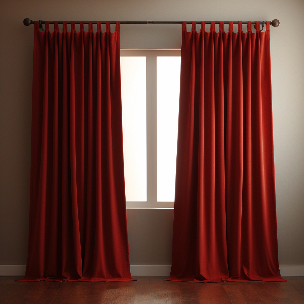 A photo of red tab top drapes hanging from a curtain rod.
